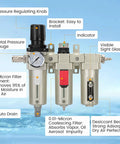 Heavy Duty 3/4 Inch NPT Air Compressor Water Separator With Three Stage Filtration, pressure regulating knob, visible sight glass, auto drain.