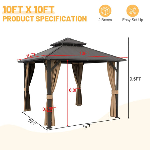 10x10 Ft Hardtop Gazebo with dual layer metal roof, galvanized steel canopy, netting, curtains, outdoor shade shelter.