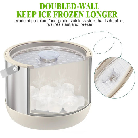 Keep It Frosty 4.8 Liter Insulated Ice Bucket With Snug Fit Lid and Drop Handle scoop showing ice inside and durable stainless steel.