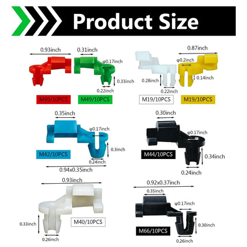 80Pcs Car Door Lock Rod Clips Kit For Tailgate Handles, Universal Plastic Rod End Clips And Retainers, Easy Install Door Clips For Most Vehicles, Durable, Secure Fit, Great For Auto Door Latch Maintenance. Product size chart with six colored plastic clips and inch measurements.