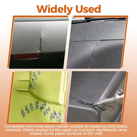 Image showing Plastic Welding Staples Repair Kit With 3000 Hot Staples In 6 Types being used for plastic repairs on various surfaces.