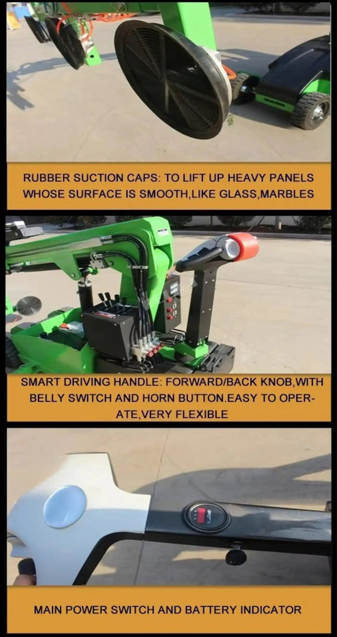 Heavy Duty Electric Vacuum Lifter Featuring Dual Mobile Suction Cups For Glass Granite Marble Slabs And Plywood Sheets showing rubber suction caps and smart handle.