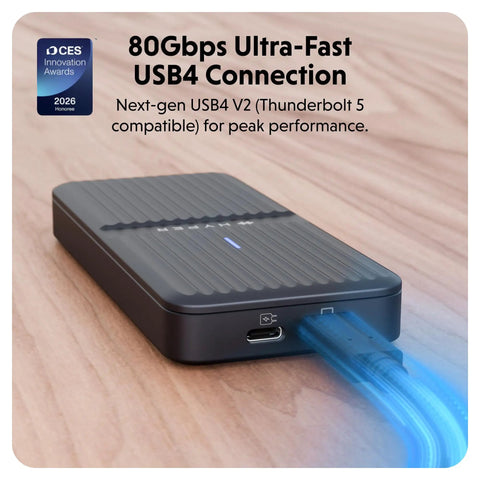 Tool Free USB4 NVMe SSD Enclosure Pushing Straight Up 80Gbps Speeds With Thunderbolt 5 Compatibility, showing USB4 connector.