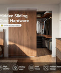 Solid As A Rock Concealed Sliding Barn Door Hardware Kit With Smooth Soft Close Action shown in a closet setting.