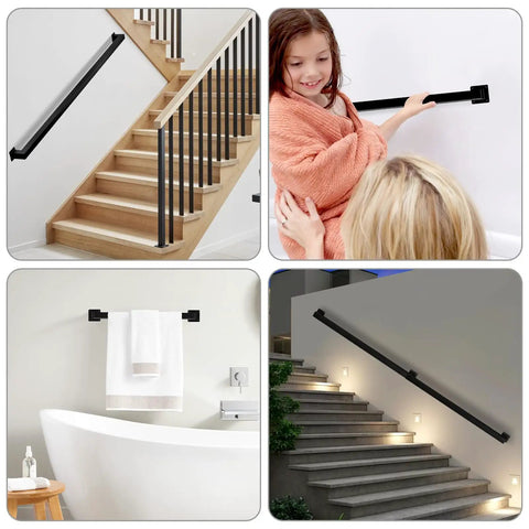 Heavy Duty Wall Mounted Handrail For Indoor Stairs Featuring An Extra Long Eleven Foot Black Steel Rail in a home setting.