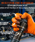 Heavy Duty 10 Mil Nitrile Gloves With Diamond Grip Latex Free Chemical Resistant Orange Disposable Mechanic Gloves For Oil, Automotive And Industrial Work Extra Large holding a greasy car part