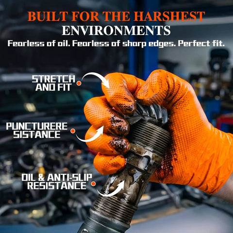 Heavy Duty 10 Mil Nitrile Gloves With Diamond Grip Latex Free Chemical Resistant Orange Disposable Mechanic Gloves For Oil, Automotive And Industrial Work Extra Large holding a greasy car part