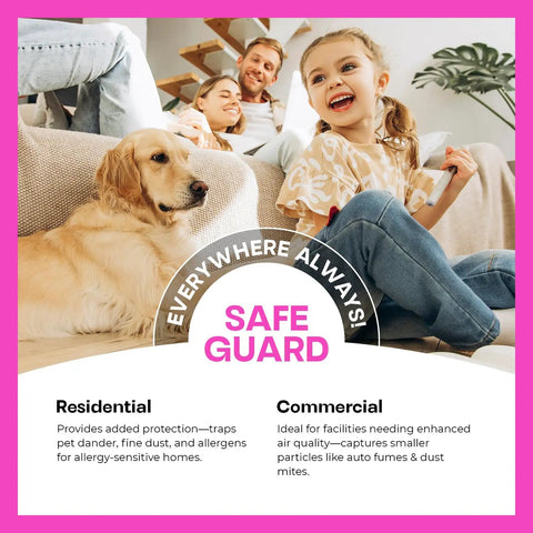Family and dog sitting in living room with text about residential and commercial air filtration benefits for clean air.