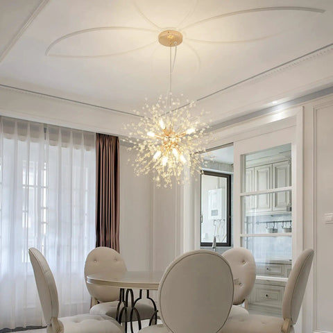 Eight Light Gold Dandelion Sputnik Crystal Chandelier Ceiling Light Fixture For Bedroom Living Room Dining Room Kitchen Island Hallway Modern Fixture Design in a dining room setting.