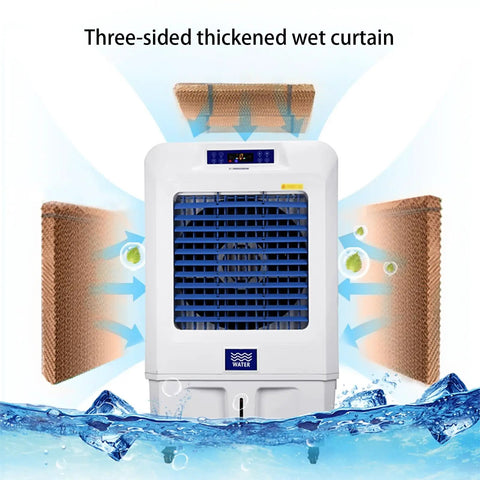 No Fuss Portable Evaporative Air Cooler, 3 Speed Swamp Cooler With Digital Timer And Deep Water Fill Tank front view showcasing three-sided thickened wet curtain.