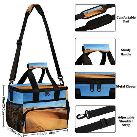 Insulated Picnic Backpack Lunch Box For Everyday Carry Big 12x9 Inch Tote with shoulder strap, metal zipper and mesh pocket