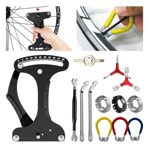 12 Piece Bicycle Spoke Tool Set With Tension Meter And Aluminum Alloy Wrenches For Quick Wheel Adjustments displayed with tools
