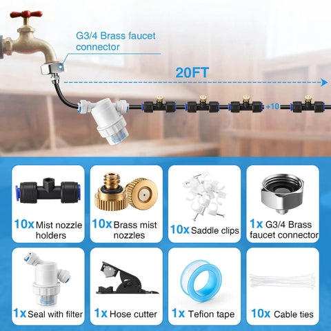 Outdoor Misting And Cooling System For Patio And Chicken Coop 20 Ft With 10 Brass Nozzles Filter And Three Quarter Inch Adapter