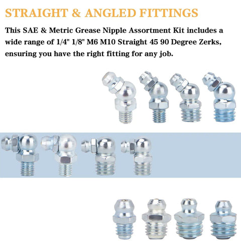 230 Piece SAE And Metric Grease Fittings Kit with 1/4 in, 1/8 in, M6, M10 fittings in straight, 45, 90 degree zerk angles.