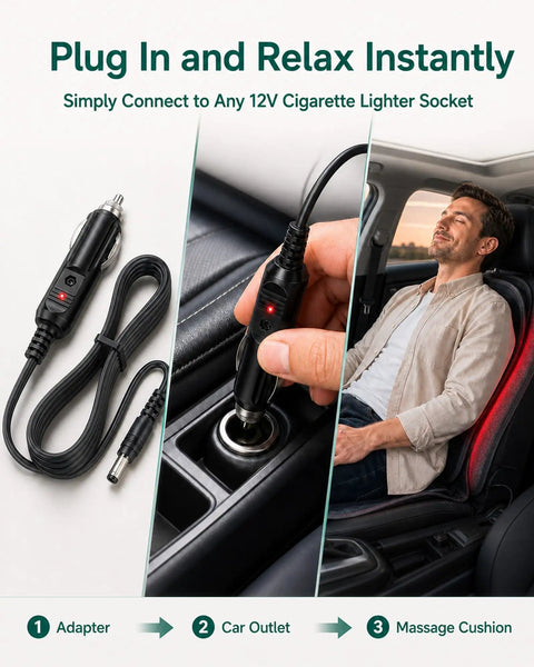 Heavy Duty 12V Car Adapter For Back Massage Seat Cushion Cigarette Lighter Jack Charger Plug In use with car outlet.