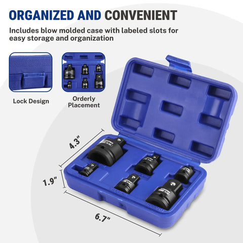 The Ultimate WorkPro 6-Piece Impact Socket Adapter Set Made From Heavy Duty CR-MO Steel Includes Reducers And Extenders Plus A Tough Case For Garage Hacks And Pro Repairs. Blue case with molded slots and adapters.