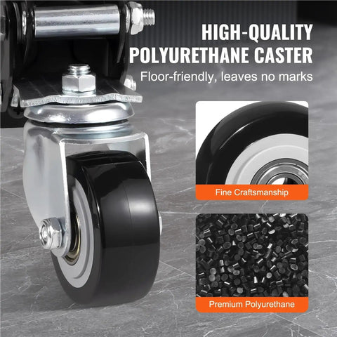 Heavy Duty 2.5 Inch Swivel Caster Wheels Set Of Four With Lockin Brakes Smooth Rollin Polyurethane Tread close-up of caster wheel and materials.