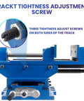 Top Shelf Heavy Duty Cast Iron Cross Slide Drill Press Vise featuring knockout precision slides and adjustable track screws.