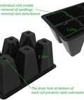 30 Pack 6 Cell Seed Starting Trays For Seedlings With Drainage Holes Black 5.4 By 3.7 Inch Starter Plant Trays; close-up view of individual trays and dimensions.