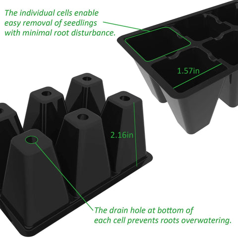 30 Pack 6 Cell Seed Starting Trays For Seedlings With Drainage Holes Black 5.4 By 3.7 Inch Starter Plant Trays; close-up view of individual trays and dimensions.