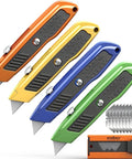 Front view of four HORUSDY retractable box cutters with aluminum shells in orange, gold, blue, and green and extra blades