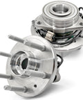 Beefed-Up Front Wheel Bearing Hub Assembly For 4WD And AWD With ABS 6 Lug Fits GM Full Size Trucks And SUVs From Tahoe To Suburban To Silverado And Escalade 07-14 Easy Install Durable Replacement, image showing front and back views