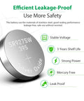 Close-up of SR927SW 399 silver oxide watch battery highlighting leak-proof design and strong power features.