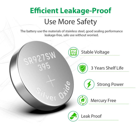 Close-up of SR927SW 399 silver oxide watch battery highlighting leak-proof design and strong power features.