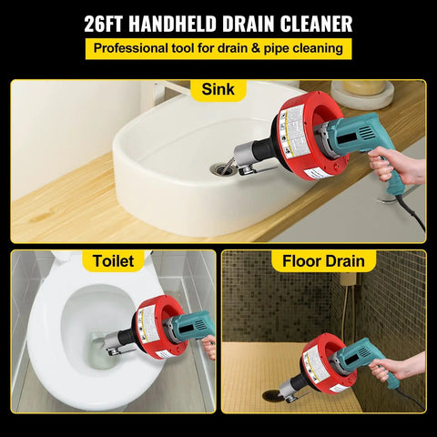 Banish Those Gnarly Clogs Forever With This Rugged Handheld Electric Drain Cleaner Featuring An 8M Flexible Steel Pipe Snake For Kitchen Sink And Toilet Blockage Removal, showing use on sink, toilet, and floor drain.