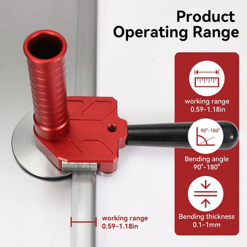 Sheet metal bender with red anodized body, round base disc, and black ergonomic rotary handle; 0.59–1.18 in capacity; 90–180° bend