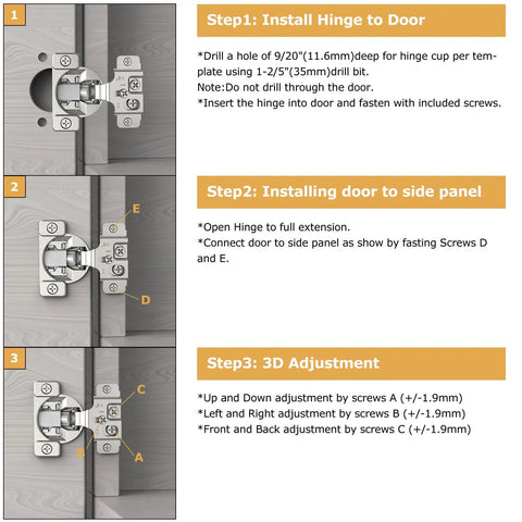 Installation diagram of Fifty Piece One Half Inch Overlay Soft Close Concealed Cabinet Hinge Set, showing steps and adjustments.