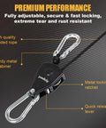 Adjustable Rope Hanger with Locking Ratchet Tie Down for Grow Lights featuring metal carabiner and quick release lever