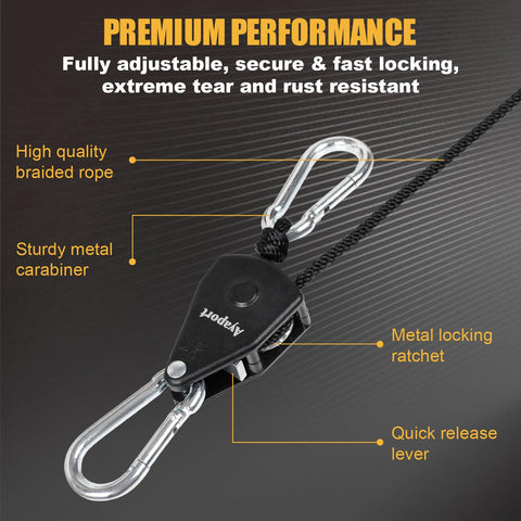 Adjustable Rope Hanger with Locking Ratchet Tie Down for Grow Lights featuring metal carabiner and quick release lever