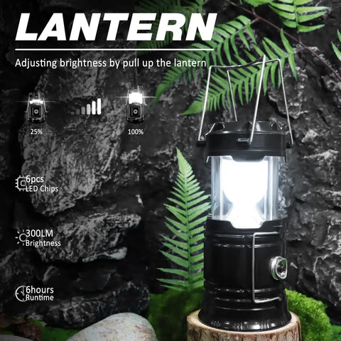 4 Pack Solar Camping Lanterns Collapsible Led Lantern And Flashlight USB Rechargeable Emergency Lights on a tree stump