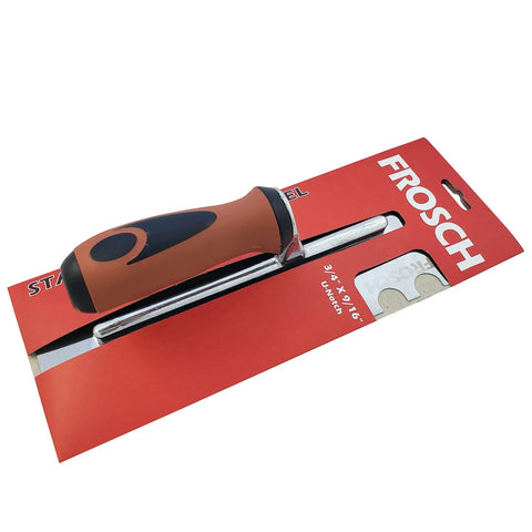 Stainless Steel U-Notch Tile Trowel 3/4 By 9/16 Inch Heavy Duty Construction With Comfort Grip Handle on red packaging