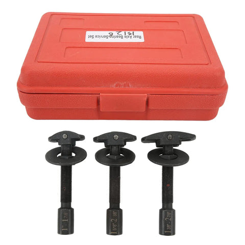 Thinking Process: 3-piece rear axle bearing removal kit in red case, carbon steel tools, 1-7/8, 2-3/8, 2-7/8 inch