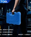 Person holding blue case of Pro Grade 14 Piece Universal Fork Seal Driver Tool Kit For Motorcycles And Bikes With Six Plastic Adapters