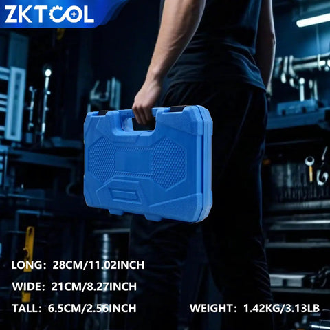 Person holding blue case of Pro Grade 14 Piece Universal Fork Seal Driver Tool Kit For Motorcycles And Bikes With Six Plastic Adapters