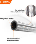 Close-up of Three Foot 6AN Stainless Steel Braided Fuel Line Hose Kit showing CPE rubber core and nylon outer layer.