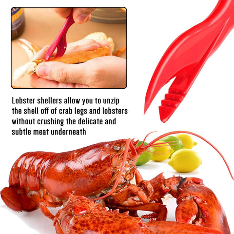 20 Pack Seafood Crackers And Tools Set with lobster sheller in use on crab leg and whole lobster with lemons.