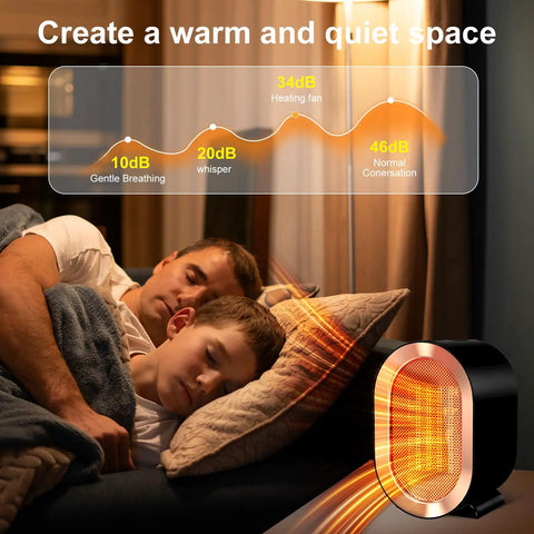 Portable 1200W Ceramic Space Heater creates a warm quiet space in bedroom, ideal for large rooms with fast quiet heating.