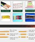 Images showcasing various wire types and stripping methods for Qiokoith Fully Automatic Wire Stripping Machine Auto Cuts And Strips Electronic Power Cord Cable Multi Core Flat Coaxial Mobile Phone With Hard Knurled Wheels For Reliable Precision Work.