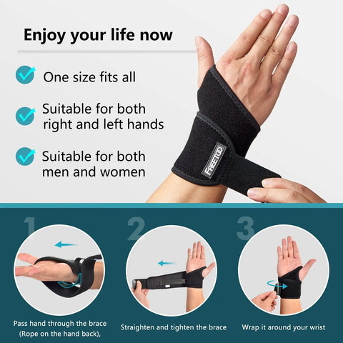Person wearing Air Mesh Wrist Brace for carpal tunnel showing adjustable Velcro wrap for right or left hand support.
