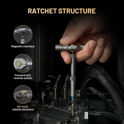 Ultimate 24-In-1 Magnetic Ratchet Screwdriver Set used in tight spot with 40-tooth ratchet structure and magnetic interface.