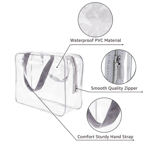 Three Pack Clear PVC Travel Toiletry Bags Set For Women And Men Waterproof See Through Organizer Pouches with Zipper Handles
