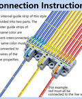 Three In Fifteen Out Lever Terminal Block Kit with high capacity connectors, DIN rail mount, installed with colored wires.