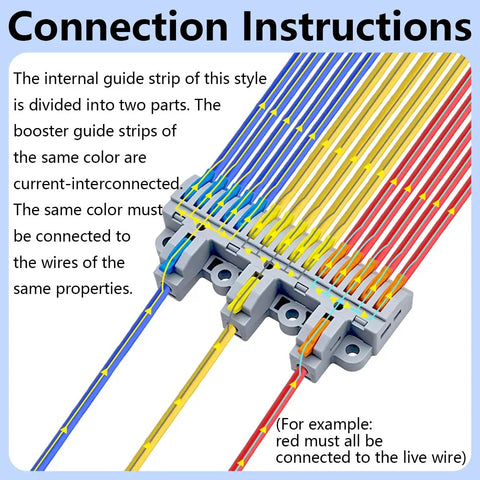 Three In Fifteen Out Lever Terminal Block Kit with high capacity connectors, DIN rail mount, installed with colored wires.
