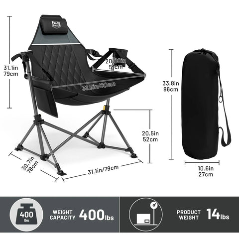 Ultra Comfy Oversized Hammock Camping Chair Two Pack With Adjustable Back And Seat Height, Portable Folding Rocking Chair, size and bag