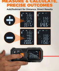 Pro Grade Laser Measuring Tool With 262 Ft Range And 2mm Accuracy, 1mm Resolution, Tripod Mount, Angle Sensor For Fast Home Inspections, Renovations, And DIY Projects. handheld laser distance meter on wall with measurement display
