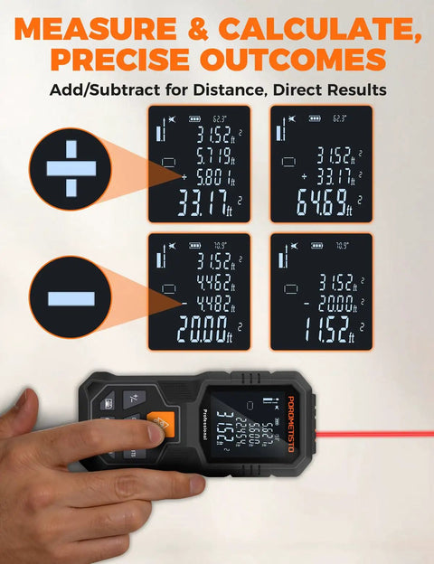 Pro Grade Laser Measuring Tool With 262 Ft Range And 2mm Accuracy, 1mm Resolution, Tripod Mount, Angle Sensor For Fast Home Inspections, Renovations, And DIY Projects. handheld laser distance meter on wall with measurement display